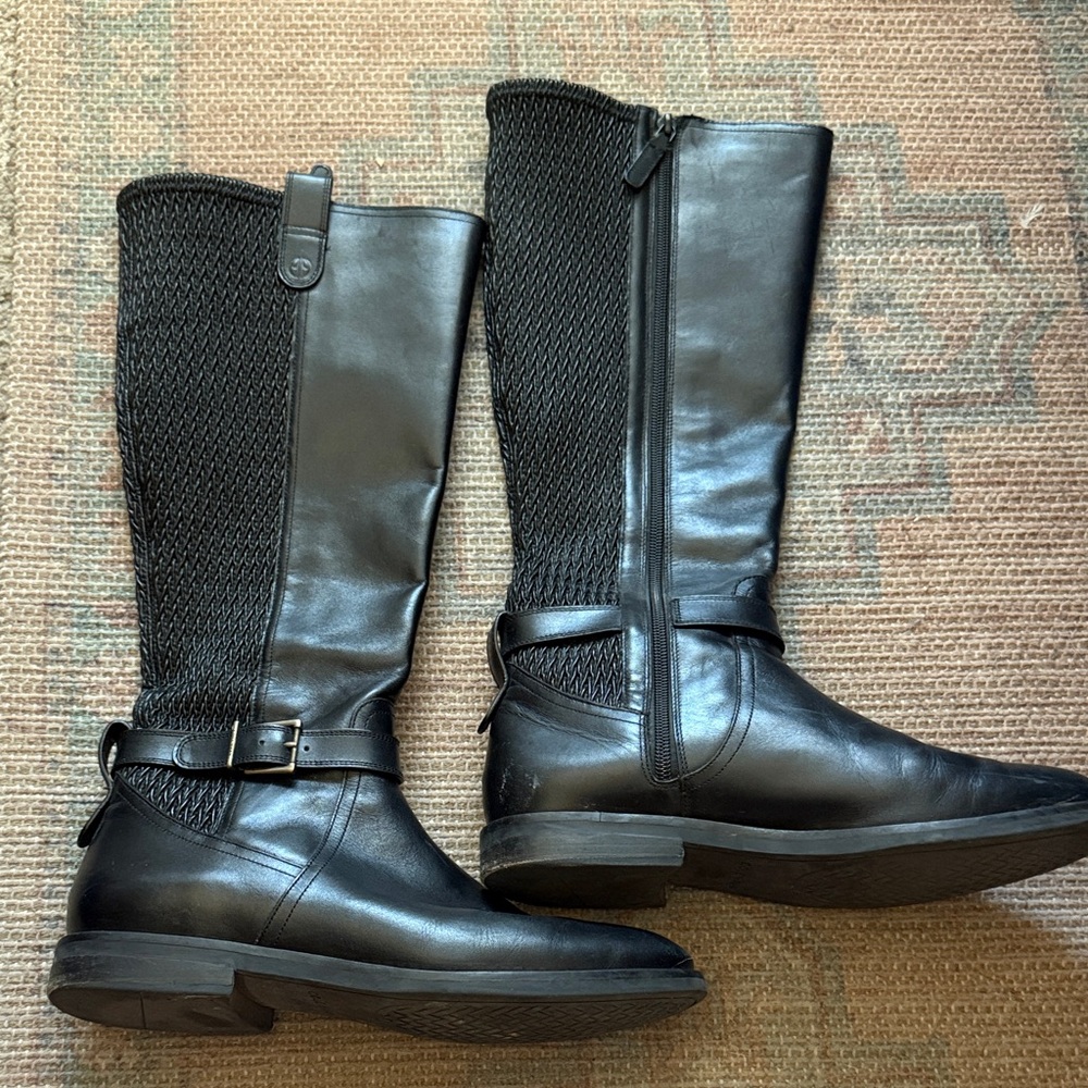 Cole Haan Black Leather & Knit Knee-High Riding Boots